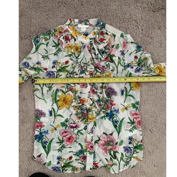 H&M Women Blouse Sz 8 Beige Floral Botanical Plumeti Chiffon Stand Up Collar - Picture 7 of 9